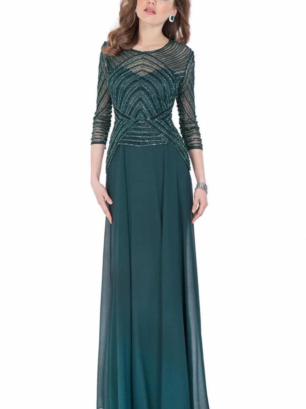 Terani Couture Dark Green Beaded Long Sleeve Gown